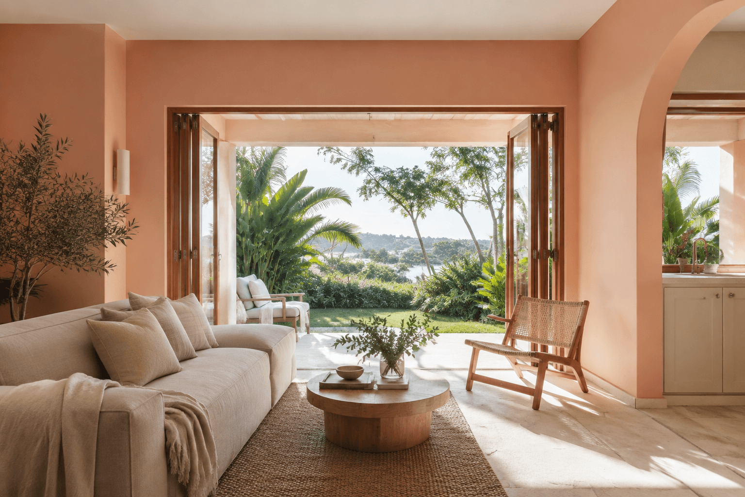 Peach walls and warm timber in a coastal living room opening onto tropical greenery